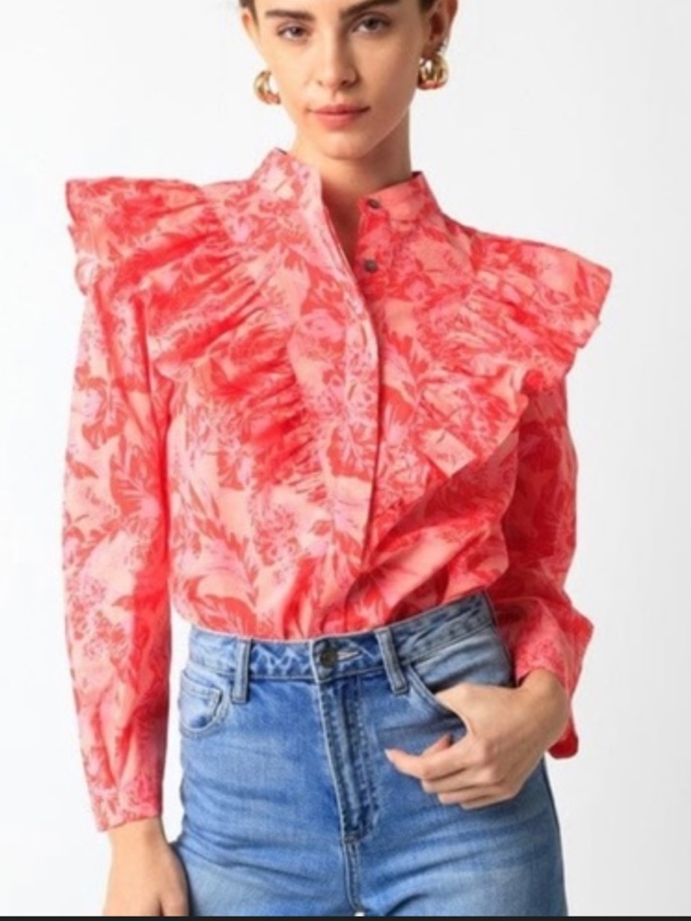 Olivaceous Coral-Pink Ruffle Victorian Blouse